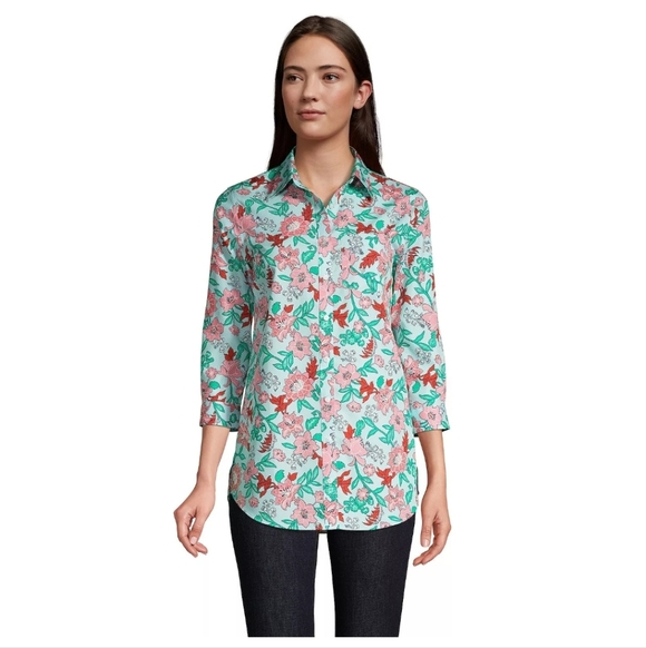 Lands' End Tops - Lands' End Floral No Iron Supima 100% Cotton Lightweight 3/4 Sleeve Tunic W's 16